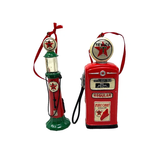 KURT ADLER set of two Texaco Fire Chief Gas Pump Christmas Ornaments