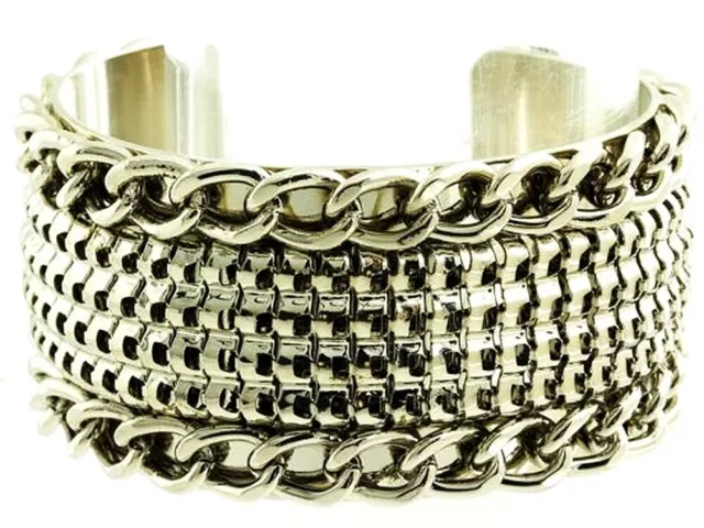 Silver-Tone Chain Bracelet Wide Cuff Bangle Oval Shaped 1 3/8 Inches