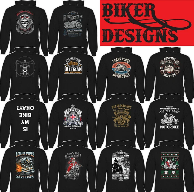 FELPA CON CAPPUCCIO BIKER Moto Cafe Racer Chopper Bike Uomo Divertente Teschio Top