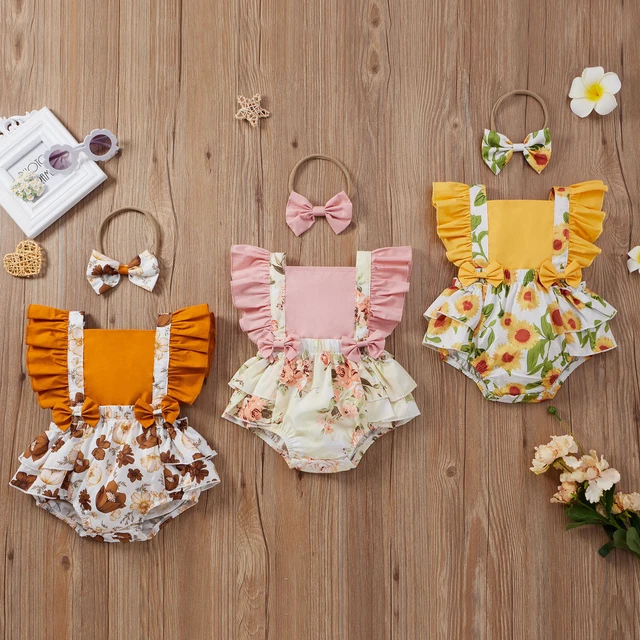 Set abiti principessa bambine con stampa floreale body + fascia nodo fiocco 2