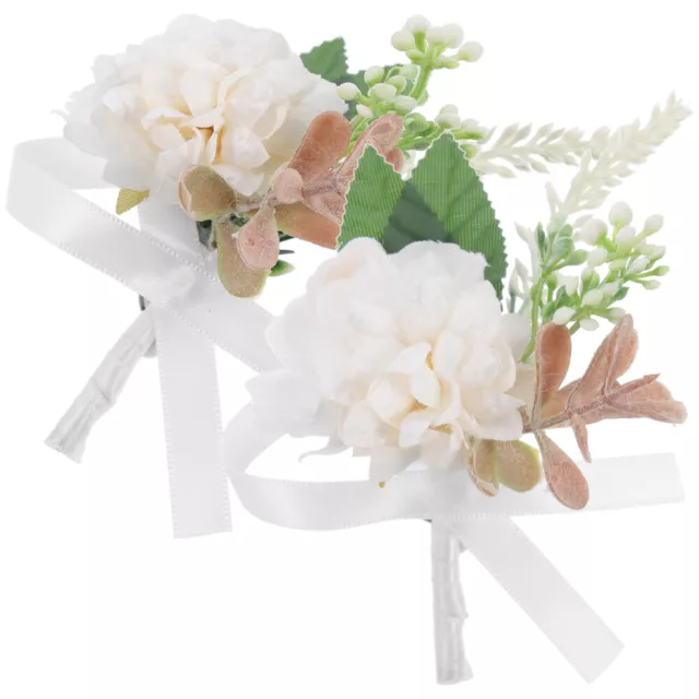 2 Pcs Silk Flower Wrist Bride Boutonniere Decoration Groom Corsages