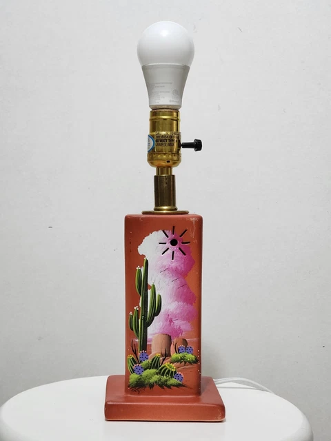 Vintage Handpainted Cactus Southwest Pottery Square Nightlight & Lamp No Shade