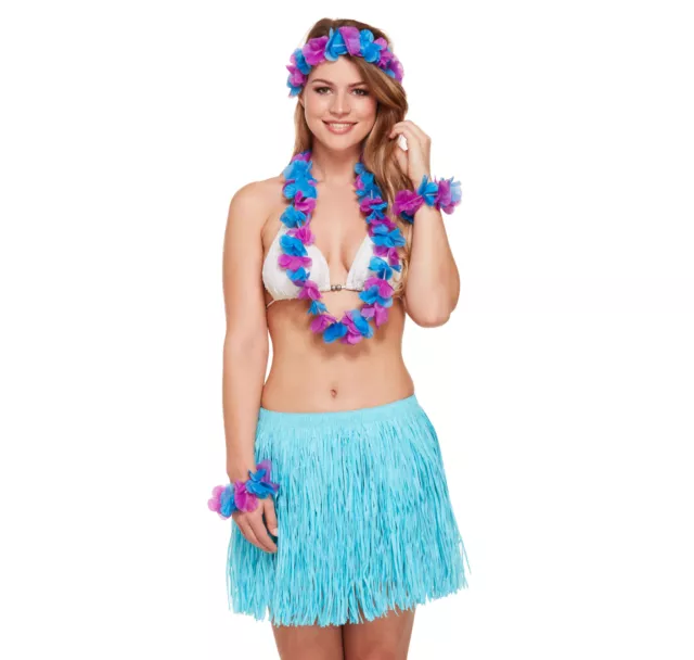 Complete Blue Hawaiian Set - Grass Skirt Flower Hula Lei Garland Dress Costume