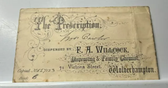Antique Pharmacy Prescription Envelope   F.A Wilcox Victoria St Wolverhampton