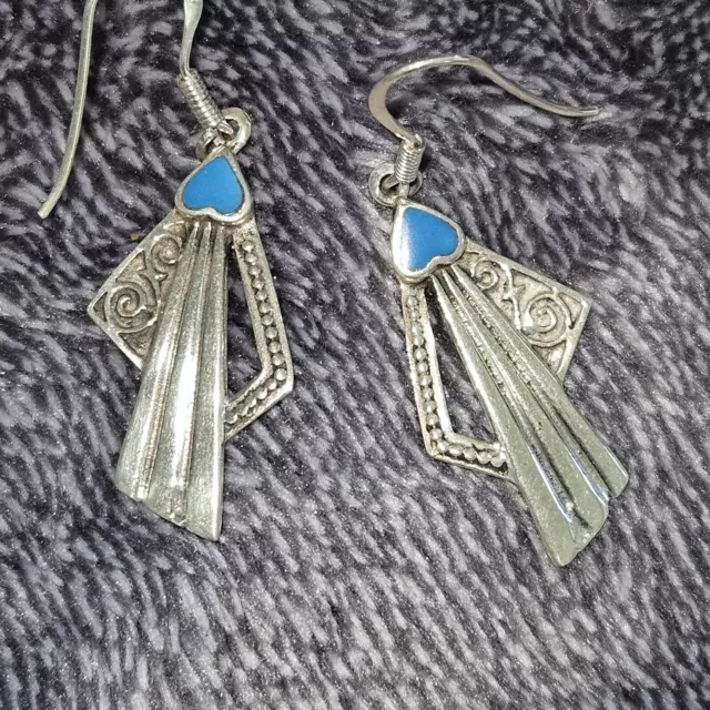 Southwestern Sterling Silver 925 Turquoise Heart Dangle Earrings