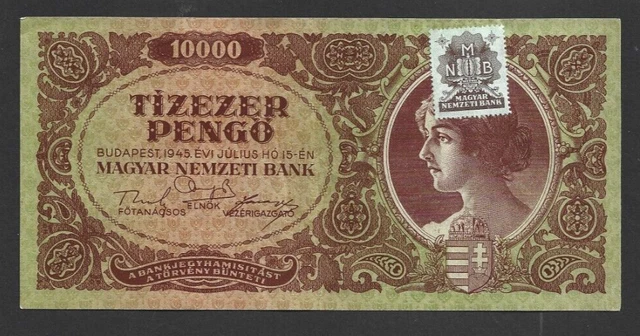 10 000 PENGO EXTRA FINE  BANKNOTE FROM  HUNGARY 1945 PICK-119b WITH STAMP