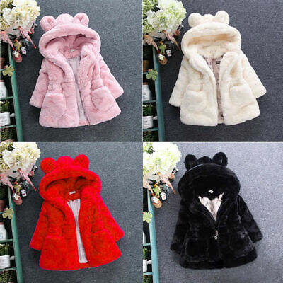 Kids Baby Girl Toddler Zipper Warm Jacket Outwear Winter Faux Fur Hooded Coat