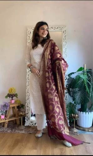 Bellissimo Set Sequenza Bianca Chikankari Palazzo Kurta Ricamato Shalwar Kameez