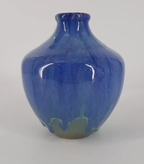 Drip Glaze Blue Vase Studio Pottery Signed 17cm Tall (K3)