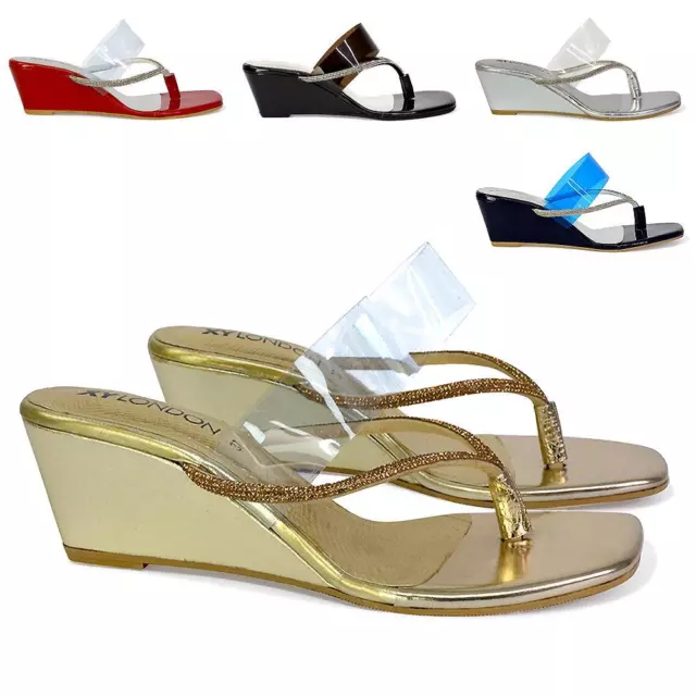Womens Low Wedge Heel Sandals Ladies Summer Holidays Diamante Shoes Size