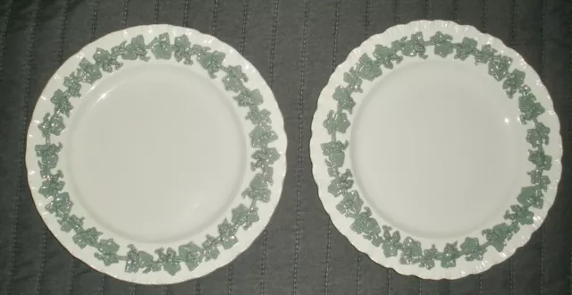 Lot of 2 Wedgwood QUEEN'S WARE Embossed Celadon Green on Cream Salad Plates 8"