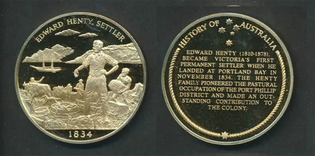 Australia: 1970s Edward Henty 44mm 39.5g Gilt Silver Medal, Australian History