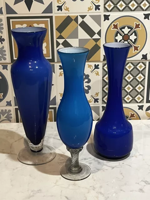 Vintage Mid Century Blue Art Glass Vases Job Lot Retro Collectors