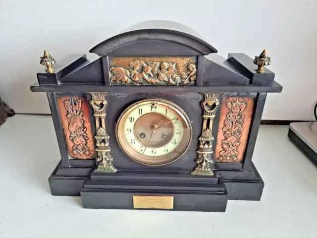 Antique Edwardian Chiming Mantel Clock Black Marble Brass Mounts No Key Untested