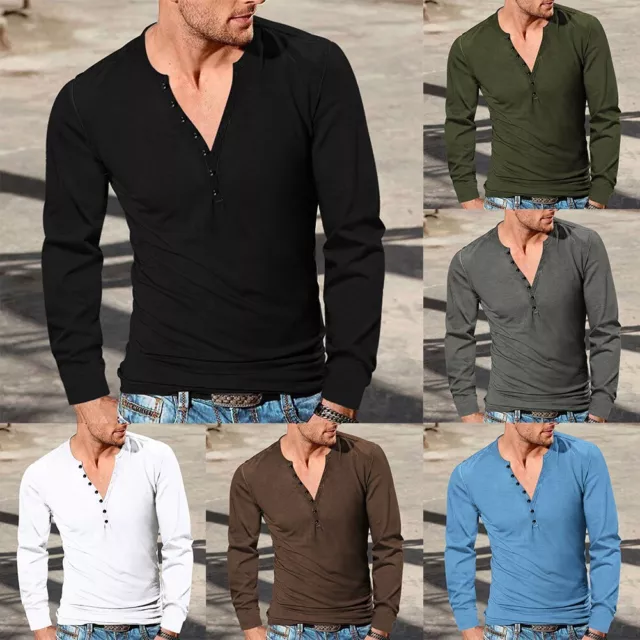 T-shirt classiche Henley da uomo retrò maniche lunghe top materiale comodo