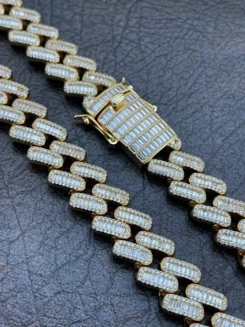 Men's Miami Cuban Link Chain Baguette Iced CZ 14k Gold Plated Stainless Steel