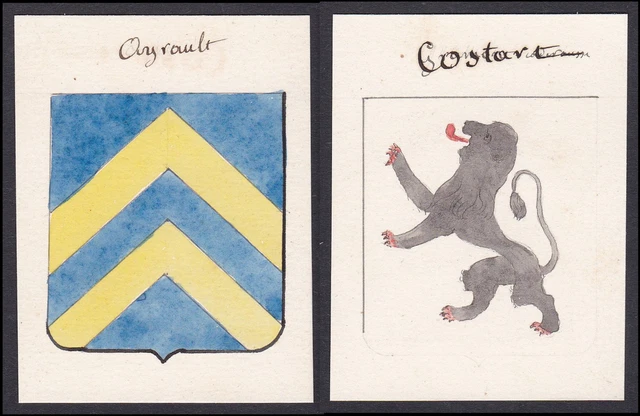 19. Siglo Ayrault Costar Francia Escudo Nobleza Abrigo De Arms Acuarela