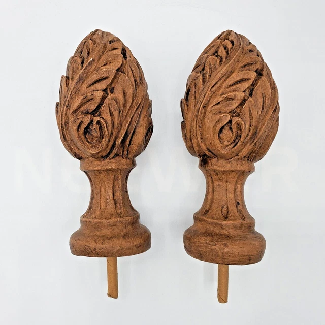 Acanthus Leaf Finials Post Topper Furniture Curtain Rods PAIR Salvaged Carved 2