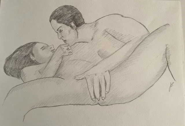  Erotic Art Couple nude drawing, "pleasure zone" original, 16x12in, CoA