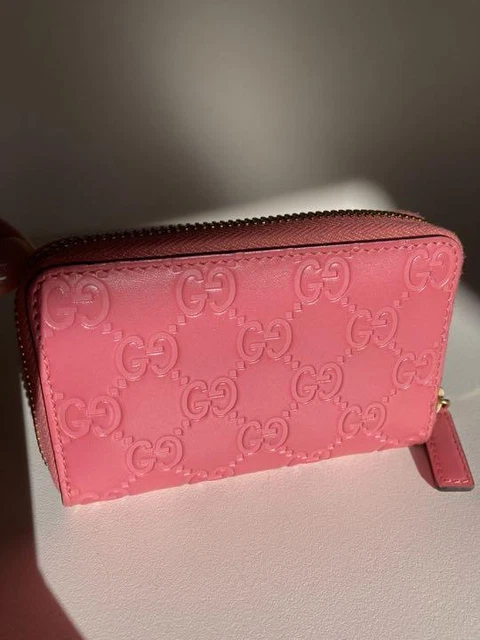 Gucci Signature Leather Card Case Pink with Box Bag USED From Japan F/S