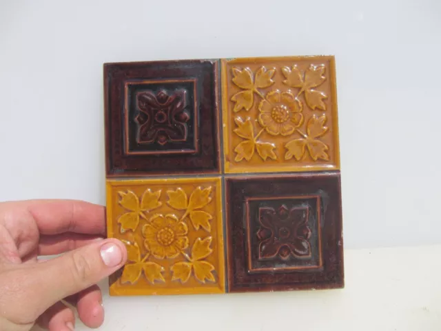 Antique Ceramic Tile Vintage Floral Art Nouveau Flowers Old Leaf
