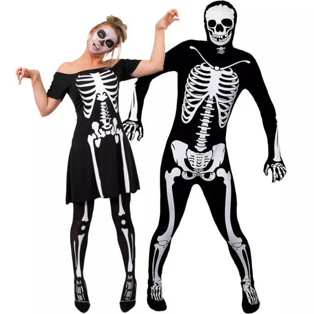 Couples Skeleton Costume Halloween Fancy Dress Mens Skinsuit Ladies Skater Dress