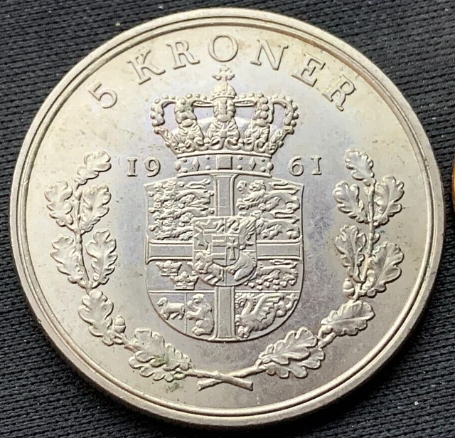 1961 Denmark 5 Kroner Coin UNC + High Grade  World Coin  #M273