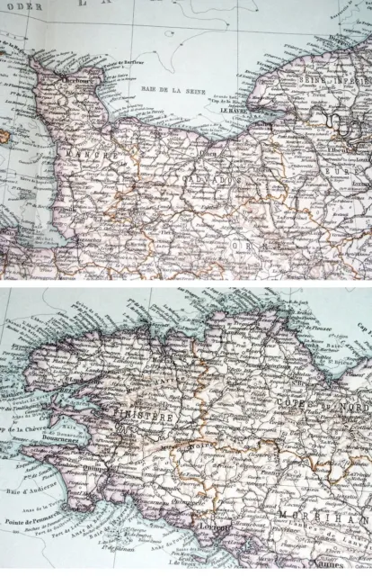 1908 ORIGINAL ANTIQUE Map Of Bretagne Brittany / Normandie Normandy ...