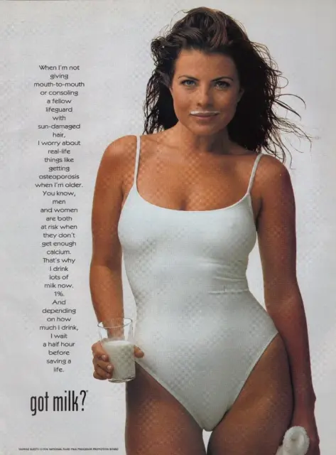 Got Milk? Sexy Yasmine Bleeth White Swimsuit Photo Milk Mustache Print Ad