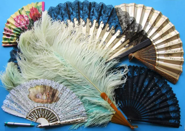 6 Antique Victorian Edwardian Art Deco Era Fan Eventail Abanico Ventaglio Fächer