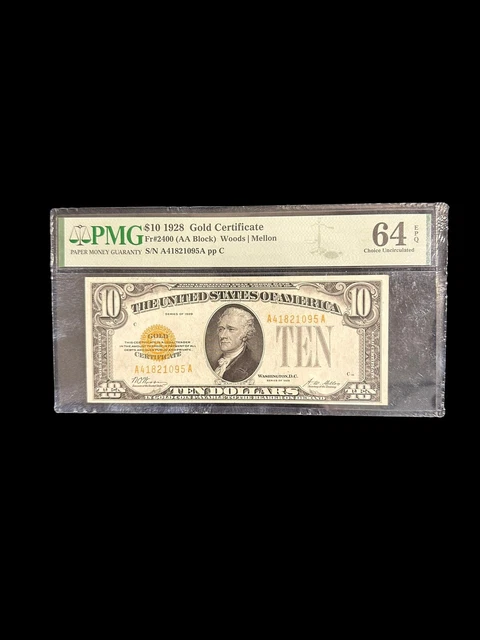 1928 $10 Ten Dollar Gold Certificate, Gold Seal, PMG 64 EPQ