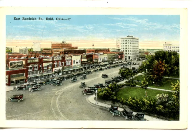 Aerial East Randolph Street Scene-Downtown-Cars-Enid-Oklahoma-Vintage Postcard