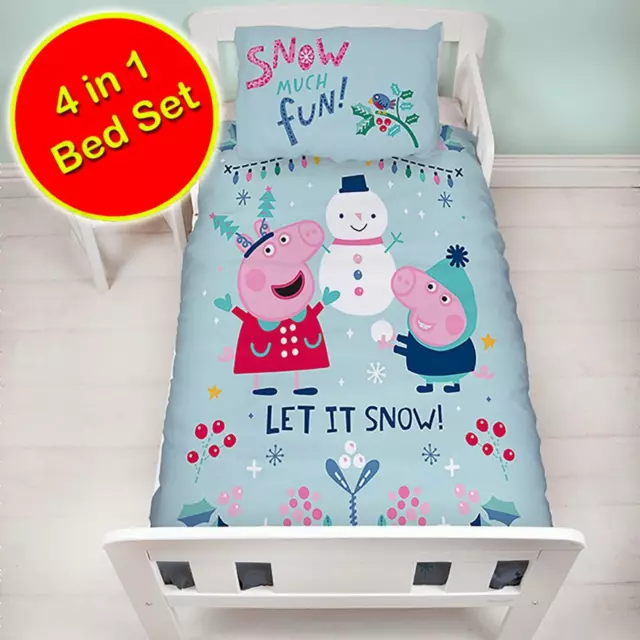 Peppa Pig 4 IN 1 Juego de Cama Nieve Navidad Niño Catre Edredón, Almohada Y