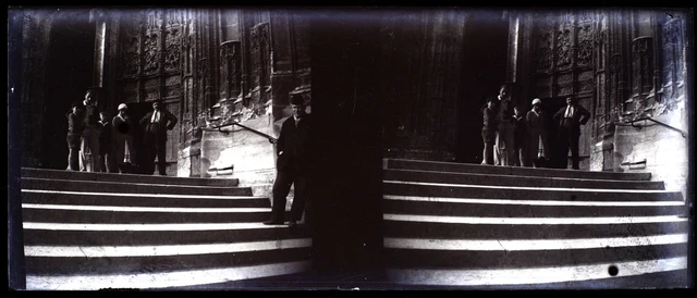 Famille Eglise France c1930 Photo NEGATIVE STEREO Plaque Vintage V36L3n
