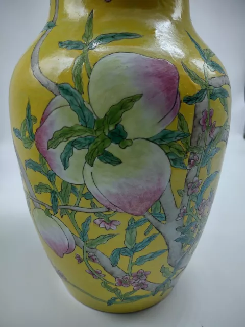 EARLY Chinese 9 Peaches Yellow Porcelain Large Vase 14” tall