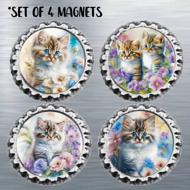 Sweet Tiger Kitten MAGNETS Set Of 4 Floral Art Print Cat Lover Cat Mom Gift 3