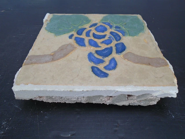 VERY RARE - Grueby Tile - (4 COLOR) w/BLUE GRAPES - 6x6 - with MAKERS MARK 3