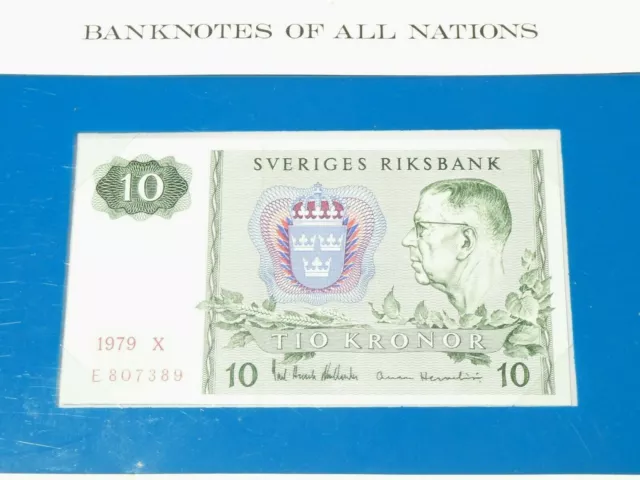 1979 Crisp Swedish 10 Kronor Note Sveriges Riksbank Banknotes of All Nations