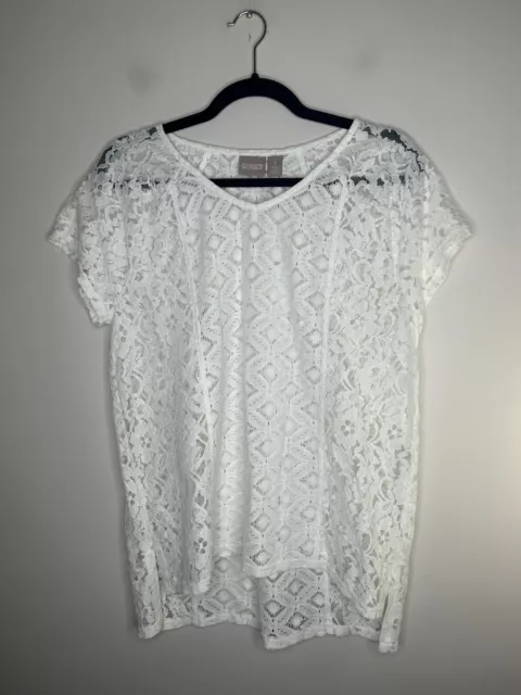 Chico’s Womens Large White Crochet Lace Sheer Short Sleeve Blouse Size 1