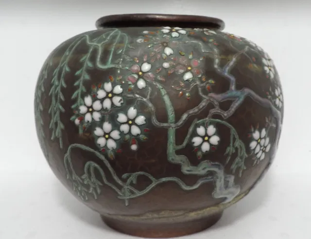 Ando Japanese 1930'S Bulbous Cloisonne Enamel Vase W Weeping Cherry Tree Damaged