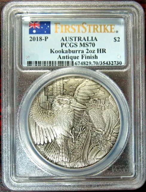 2018-P $2 Australia Kookaburra 2oz HR 999. Silver Antiqued Coin PCGS MS70 FS⭐V7⭐