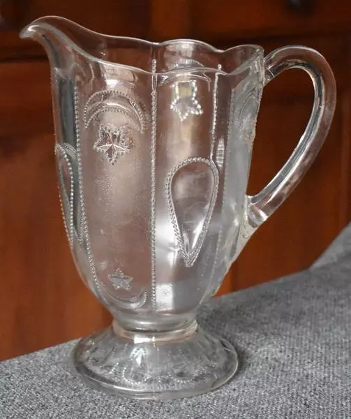 1890S Indiana Glass Shrine Jeweled Moon & Star Early Pressed Glass Water Pitcher