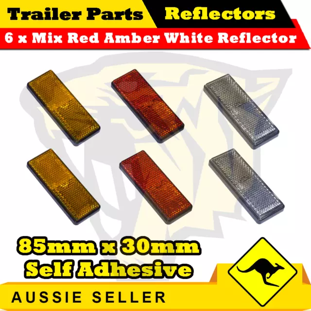 6 x Mix Red Amber White 85mm x 30mm Self Adhesive Reflectors-Superior Trailers