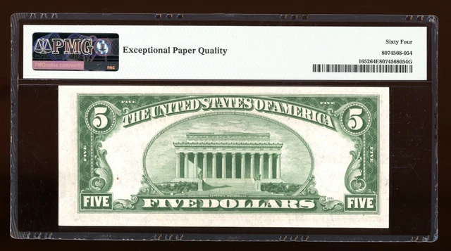 DBR 1934-B $5 Silver Fr. 1652 Vinson LA Block PMG 64 EPQ Serial L01196488A 2
