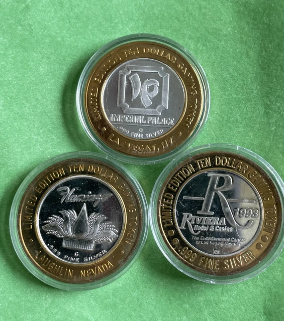 3-Las Vegas, NV $10 Proof Silver Tokens, Riviera, Flaming, Imperial in Capsules