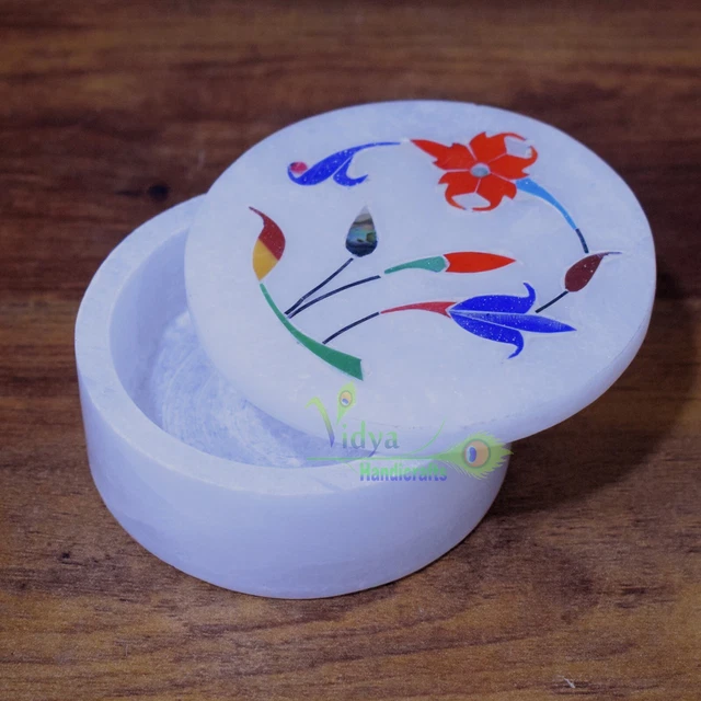 3 X 3 Inch White Stone Box Inlay Floral Art Round Shape Home Decor Made In India