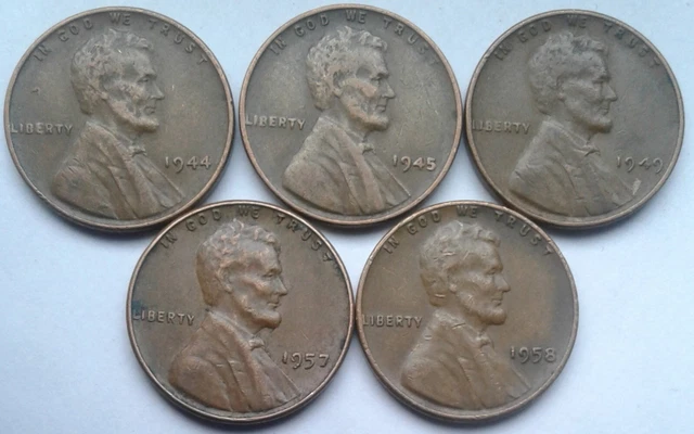 Lot of Five Lincoln Wheat Pennies / Cents - 1944, 1945, 1949, 1957, 1958