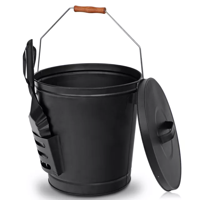 5 Gallon Fireplace Ash Black Metal Bucket With Shovel Lid Cover Fire Pits Black