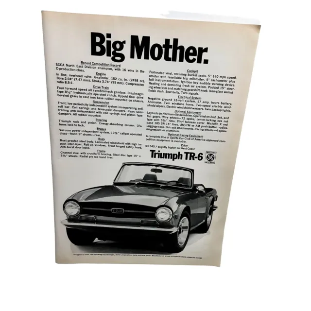 1970 1971 Triumph TR6 Big Mother Car Vintage Print Ad 70s