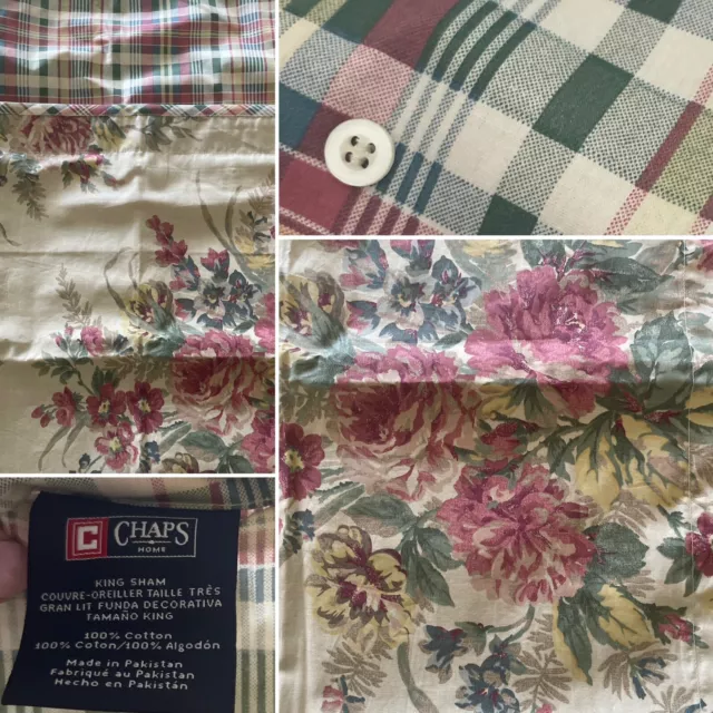Pair Chaps Wainscott Floral Plaid KING Pillow Shams roses cottage country NWOT